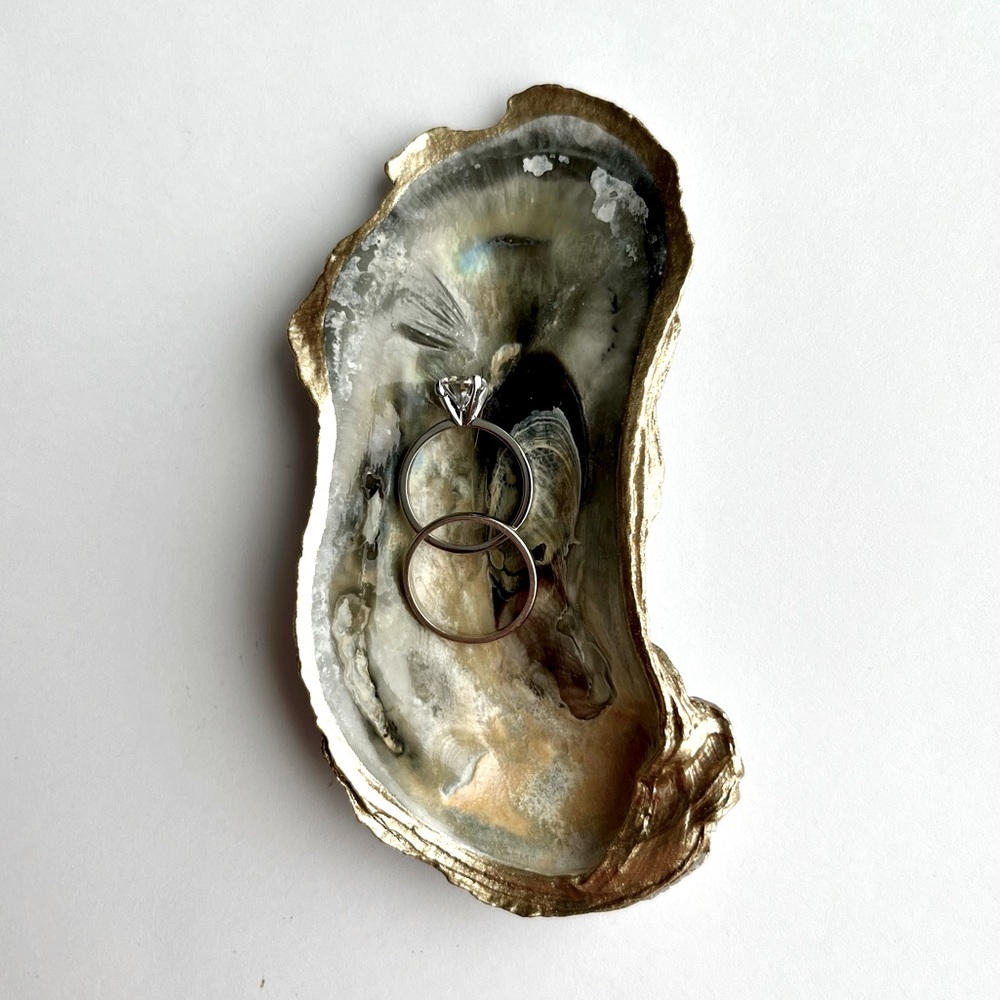 Handmade Natural Oyster Shell Ring Dish with Gold Trim